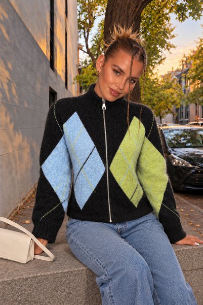 Trend Kapında Cardigan tricotat cu fermoar și guler înalt, cu model baklava, ...