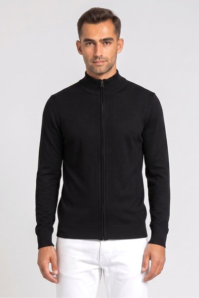 KENSINGTON Men High Neck Long Sleeve Knitted Full Zip Sweater, Black