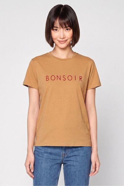 Daphnea Women Crew Neck Short Sleeve Textured Top, Tan