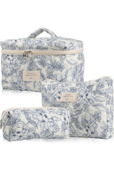 CozyNook 3PCS Quilted Floral Makeup Bag Set, Cotton Cosmetic & Toiletry Pouches
