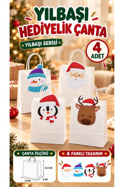 TUĞSET Burgu Saplı Karton Çanta 4 adet Hediye Paketi Çanta Poşet Yılbaşı Yeni...