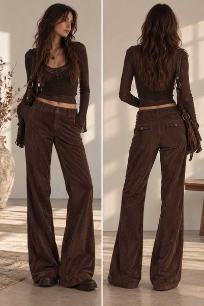 FASHION Pantaloni Bsk din Catifea Raiată pentru Damă, Croială Wide Leg / Larg...