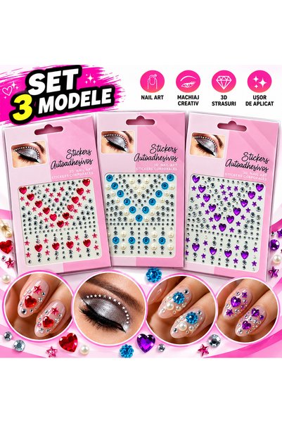 ASMXX Set 3 Folii Stickere Decorative 3D cu Strasuri, Inimioare, Steluțe și F...
