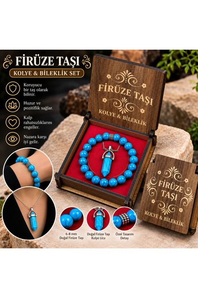 tesbihciniz Natural Turquoise Stone Necklace & Bracelet Set with Special Wood...