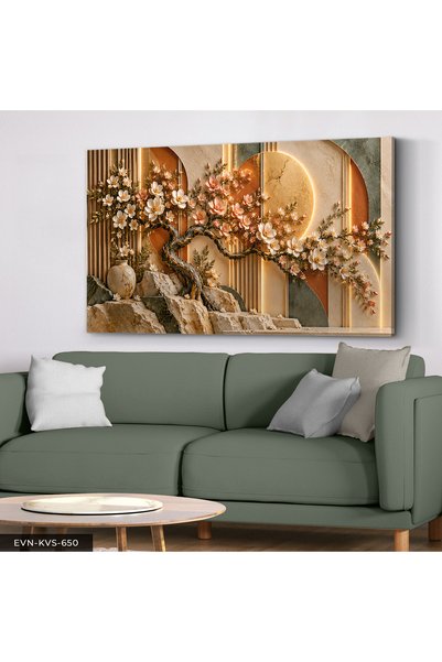 Evinemoda Çiçek Açan Ağaç ve Yuvarlak Desenler Tek Parça Kanvas - Canvas Tablo