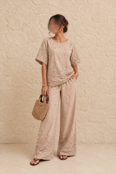 cucci Women's Soft Embroidery Short Sleeve Top and Wide Leg Pants Two Piece Set