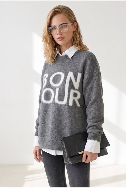 Olalook Women's Anthracite Embroidered Bonjour Oversize Knitwear Sweater Kzk-...