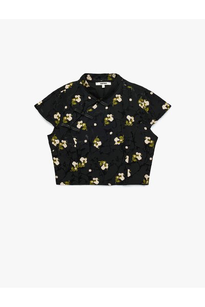 Koton Süslü Düğmeli Kısa Kollu Çiçek Desenli Dik Qipao Yaka Crop Bluz