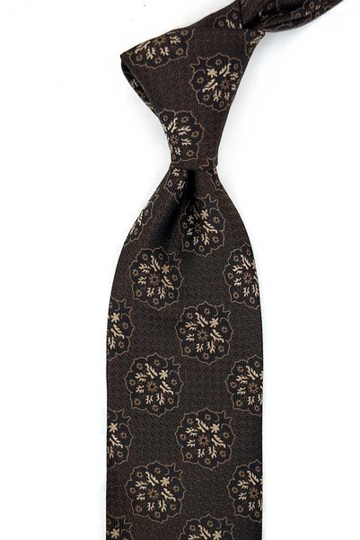 Kravatkolik Brown Motif Pattern Classic Tie with Handkerchief Kk14075