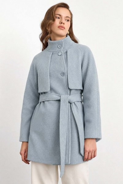 Olcay Oversized Short Coat with High Collar and Cape Detail Blue 3201