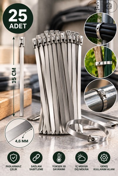 LİGROUND 15 cm Paslanmaz Çelik Cırt Kelepçe 25 Adet Metal Kablo Bağı Güçlü Sa...