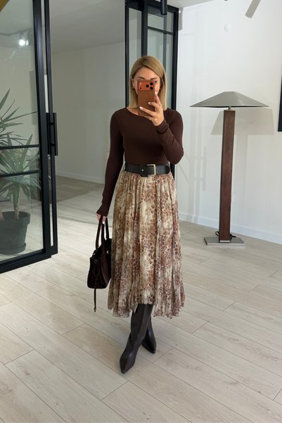Sezgi Tekin Belted Asymmetrical Cut Glittery Camel Patterned Chiffon Skirt