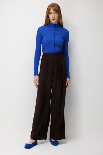 Moda İlgi Modailgi Elastic Waist Wide Leg Ribbed Trousers - 15128 Brown