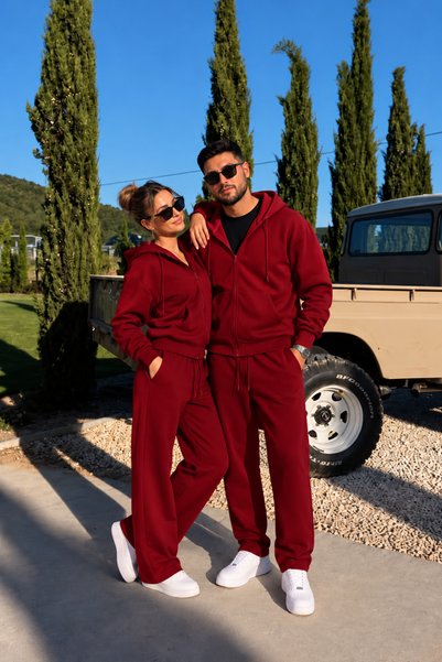 YAKAMEL Kadın Erkek Sevgili Kombini Kapüşonlu Fermuarlı Oversize 3 İplik Bol ...