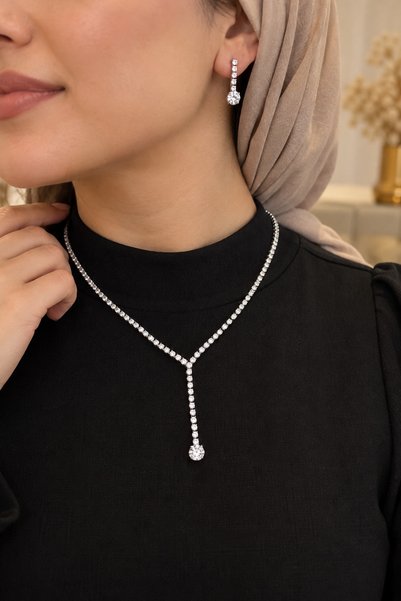 Bilenler طقم أقراط نسائية مرصعة بالأحجار الكريمة فضية اللون طقم مجوهرات أنيق ...