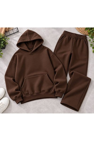 caddekombin Unisex Plain Basic Hooded Oversize Tracksuit Set - Two-Piece Cott...