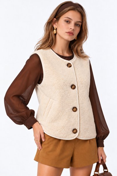 Mixray 4978 Women's Pocketed Buttoned Soft Textured Fleece Vest Natural