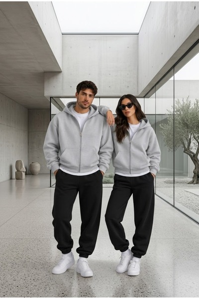 KVİNS Sevgili Kombini Gri Fermuarlı Kapüşonlu Sweatshirt Siyah Eşofman Altı İ...