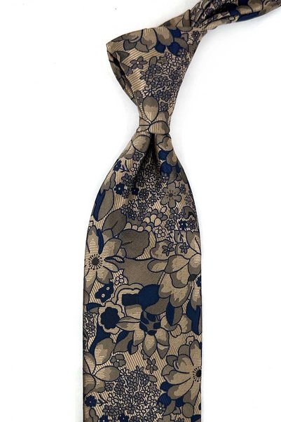 Kravatkolik Beige Navy Blue Floral Pattern Classic Tie with Handkerchief Kk14126