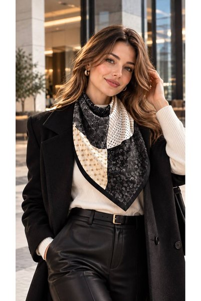 HAZAL KAYA ATELIER شال نسائي قطني منقوش باللون الأسود مقاس 70x70 سم