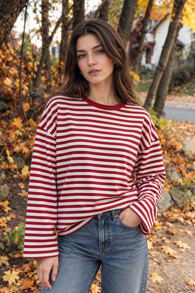 Mixray 2261 Women's Striped Crew Neck Off-Shoulder T-Shirt Red