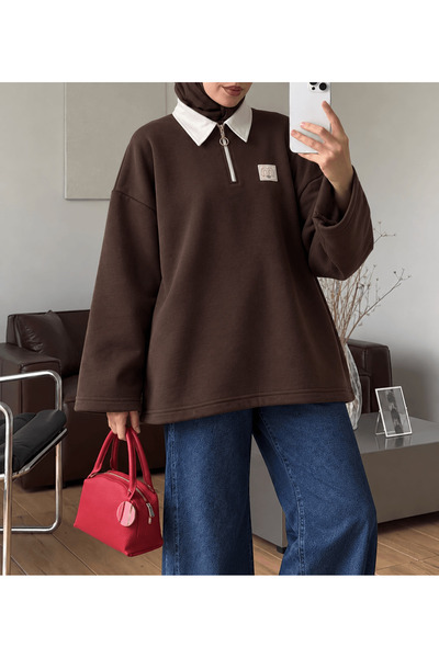 Hepsi Moda Embossed Polo Collar Wide Sleeve Sweatshirt - Bitter Brown (Os)