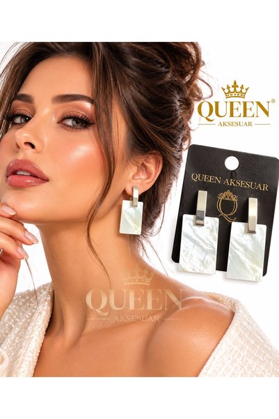 QUEEN AKSESUAR أقراط نسائية حديثة من المعدن الفضي بتصميم مستطيل مرصع بالرخام
