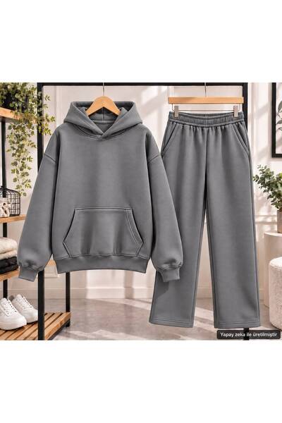 caddekombin Unisex Plain Basic Hooded Oversize Tracksuit Set - Two-Piece Cott...