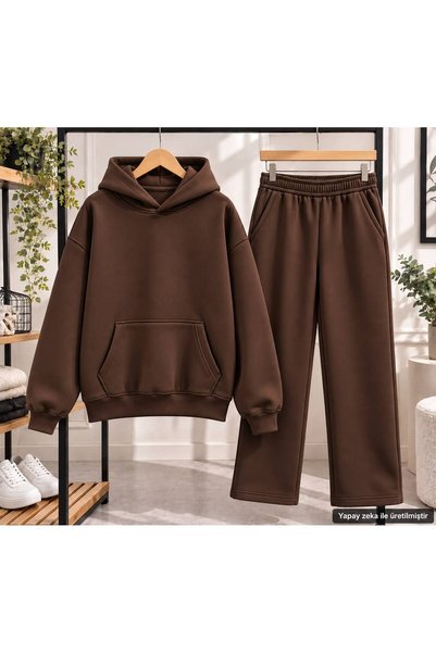 caddekombin Unisex Plain Basic Hooded Oversize Tracksuit Set - Two-Piece Cott...