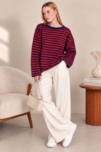 Gülce moda Γυναικείο πλεκτό πουλόβερ σε μπλε-κόκκινο χρώμα, ριγέ, σε μεγάλο μ...
