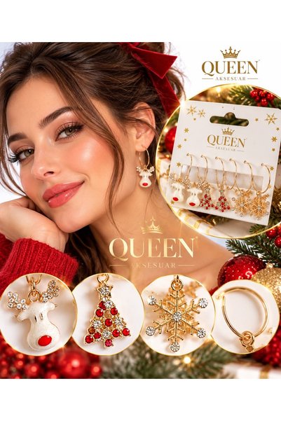 QUEEN AKSESUAR Christmas Themed 3 Pairs of Gold Hoop Earrings with Stones, Ch...
