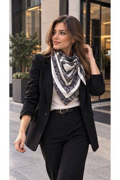 HAZAL KAYA ATELIER وشاح نسائي من القطن بنمط إطاري إكرو مقاس 70x70 سم