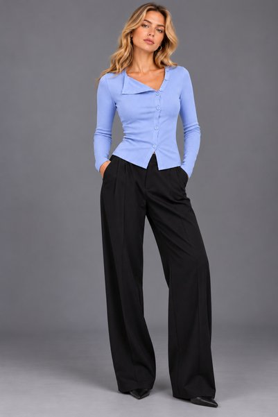 ROSE ARYA Blue Button Detailed Long Sleeve Blouse