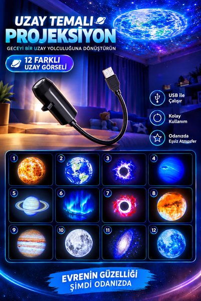 nextbuy Mini LED Yıldız 12 Film Usb Disk Projektörü 360° Dönen Ay Aurora Kuze...