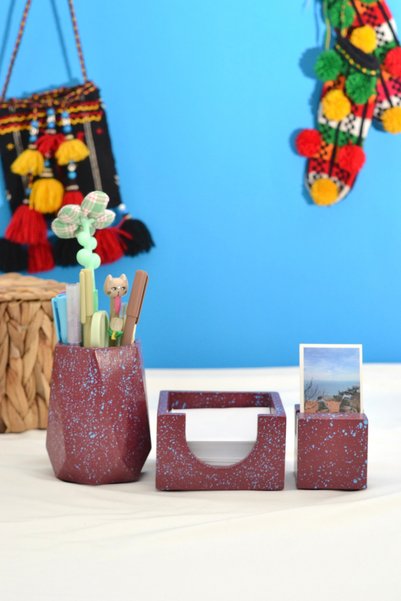 Bi' Dolu Dükkan Burgundy Blue Fan Office Set Pen Holder Notepad Holder Busine...