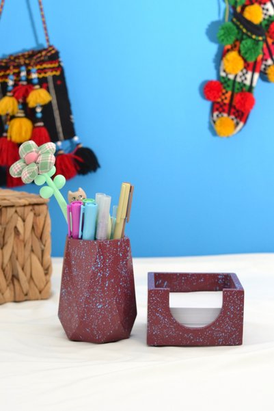 Bi' Dolu Dükkan Burgundy Blue Fan Double Office Set |   Geometric Pen Holder ...