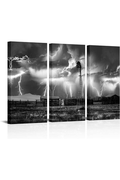 Generic Black and White Farm Windmill Wall Art Lightning Strikes in The Cloud...