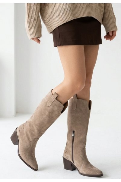 Generic Brand Micu Beige Suede Heeled Boots