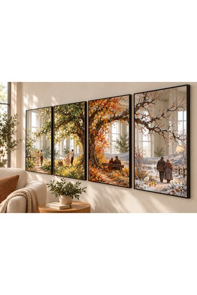 sümercam Bir Ömür Dört Mevsim 4’lü Aynalı Tablo Seti 58 × 40 cm Siyah Metal Ç...