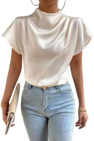 Generic AEAEAE Women's Elegant Satin Short Sleeve Mock Neck Blouse Shirt Top