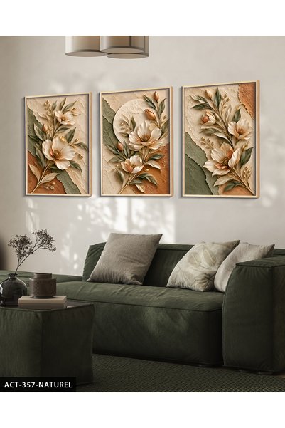 Evinemoda Textured Appearance Soft Color Flower 3 Piece Wooden Framed Paintin...