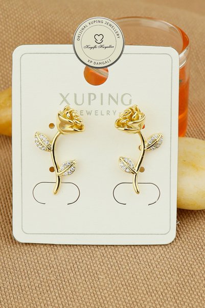 Keyifli Hayaller Xuping Küpe - Xuping 2cm Taşlı Gül Çivi Model Gold Halka Küp...