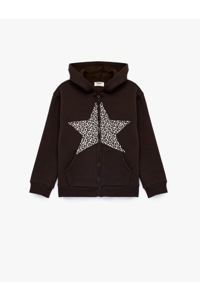 Koton Zippered Hooded Long Sleeve Leopard Patterned Star Printed Sweatshirt