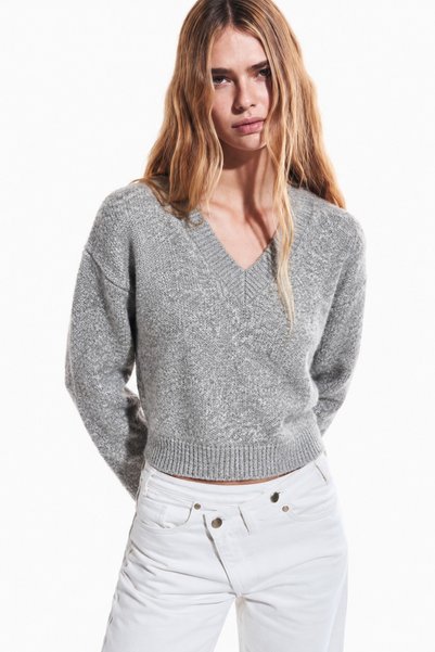 DAMGA JEANS Γυναικείο πλεκτό πουλόβερ με λαιμόκοψη V σε μεγάλο μέγεθος, γκρι ...
