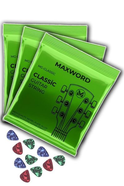 Maxword GT-Classic-3X Kaliteli Klasik Gitar Teli 3 Takım Set (10 Pena Hediye)