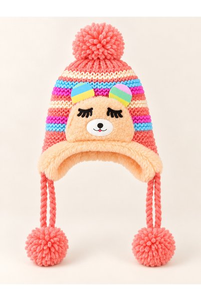 synshop Girl Child 0-4 Years Old Teddy Bear Figured Pompom Beanie Plush Lined...