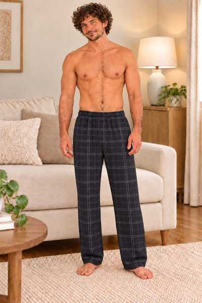Sude HOMEWEAR Erkek Lacivert Renk Ekose Desenli Alt Pijama