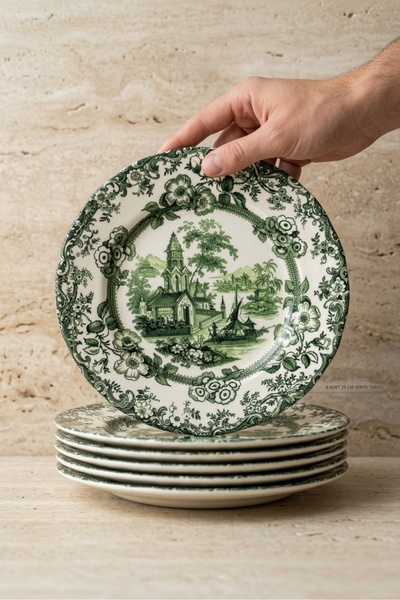 porselenden Old Town Green 6 kişilik 19 cm Özel Tasarım Premium Porselen Past...