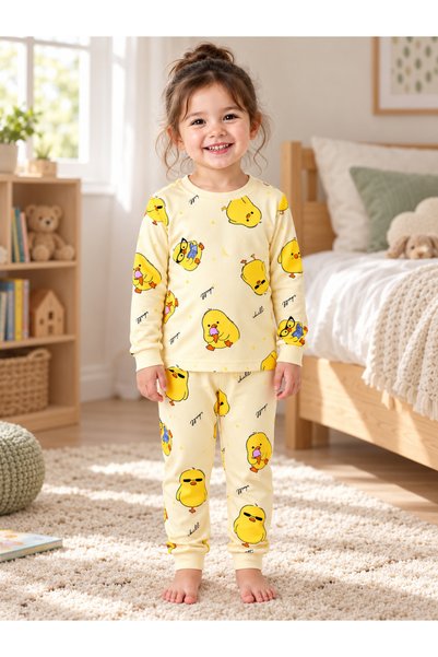 Turuncu kids Çocuk Civciv Desenli Uzun Kollu Pijama Takımı