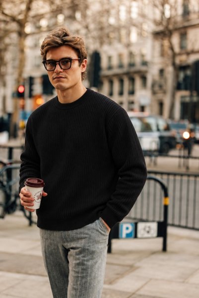 DAMGA JEANS Men's Crew Neck Ribbed Knitwear Black Sweater